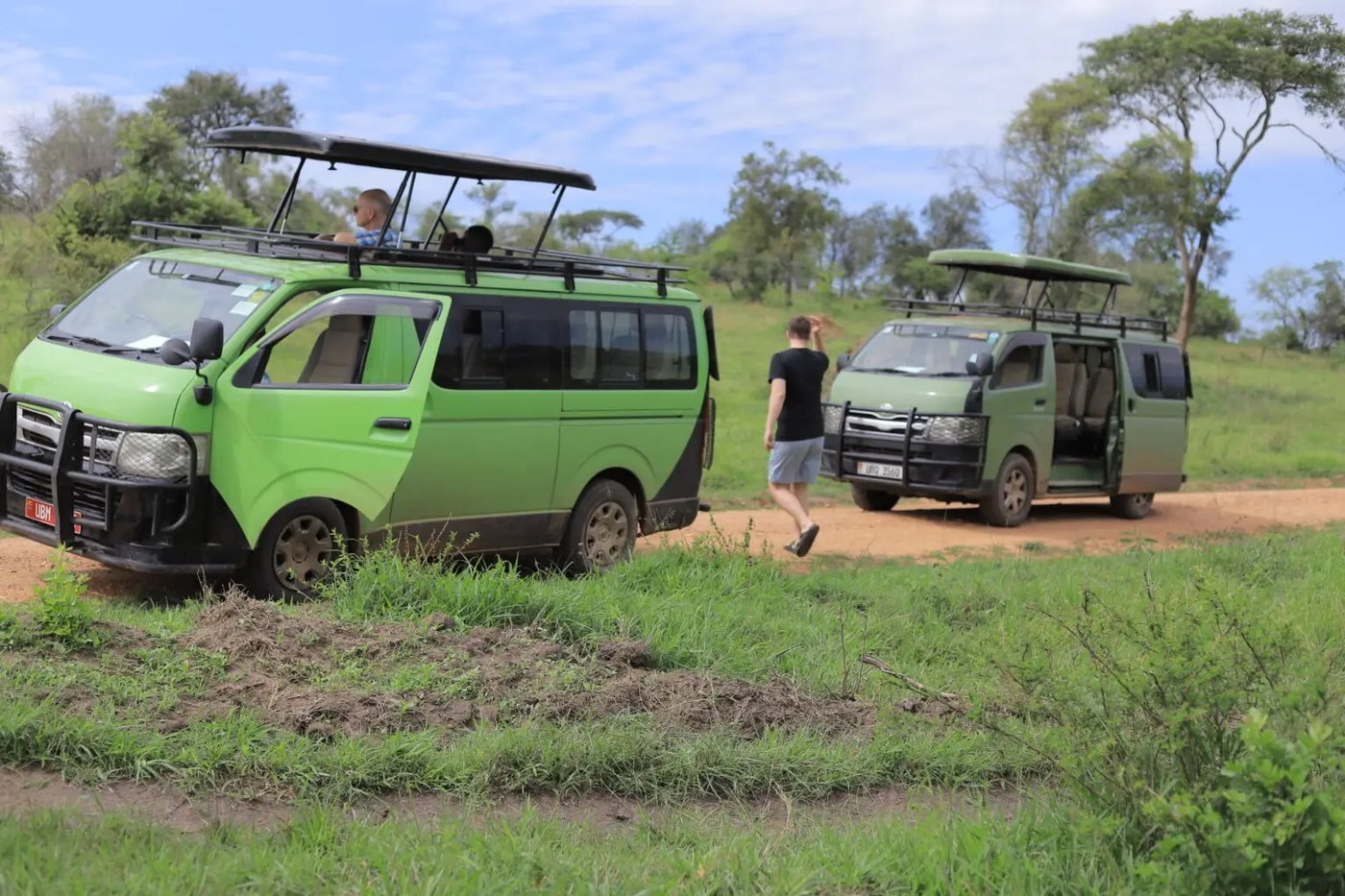 Two green Bashem safari vans on a dirt track in a Ugandan park