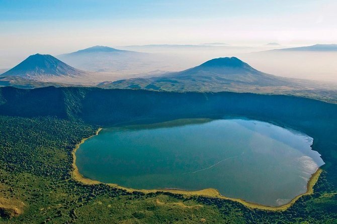 The Ngorongoro crater seen from the rim, with its floor six hundred metres below