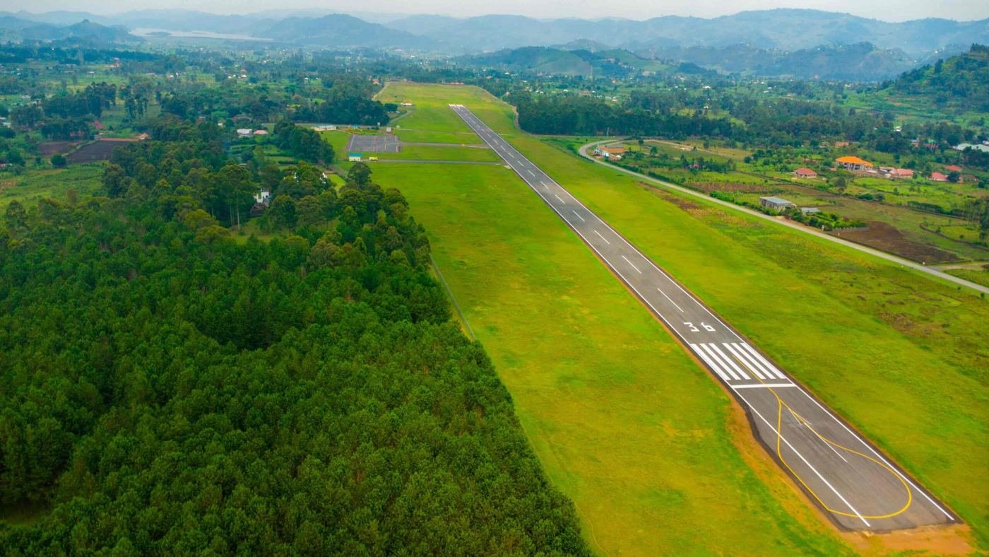 An airstrip in a cultivated valley in southwestern Uganda, from the air